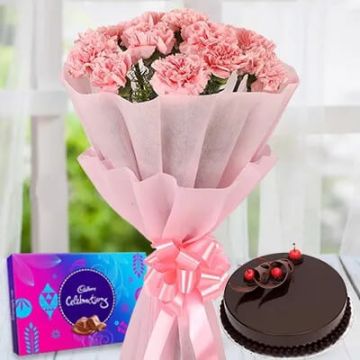 Eggless Half Kg Chocolate Cake with 6 Pink Carnation Bouquet and Cadbury Celebration