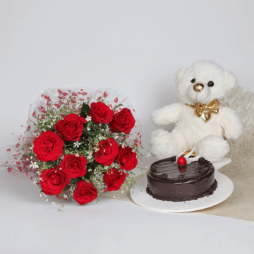 Eggless Half Kg Divine Chocolate Cake with 6 Red Roses Bunch and 6 Inch Teddy Bear