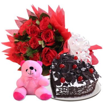 Eggless Half Kg Heart Shaped Black Forest Cake with 6 Red Roses Bouquet and 6 Inch Teddy Bear