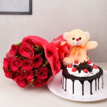 Eggless Half Kg Melting Black Forest Cake with 6 Red Roses Bunch and 6 Inch Teddy Bear