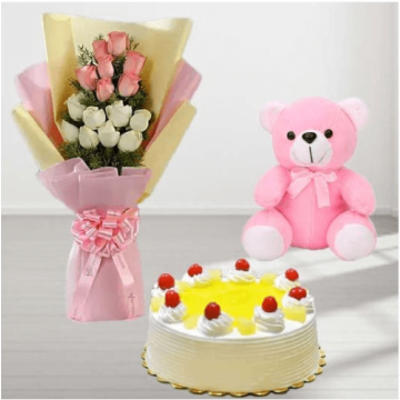 Half Kg Pineapple Cake with 10 Pink and White Roses Bunch and 6 Inch Teddy Bear