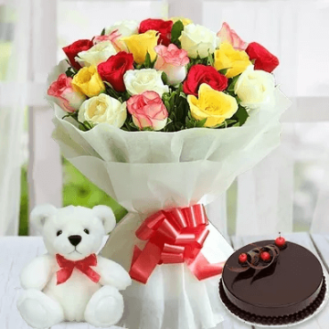 Half Kg Rich Chocolate Cake with 10 Mix Roses Bunch and 6 Inch Teddy Bear