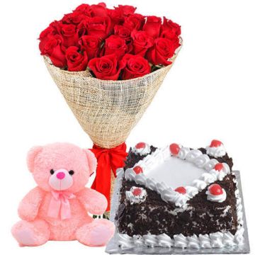 Half Kg Square Black Forest Cake with 6 Red Roses Bunch and 6 Inch Teddy Bear