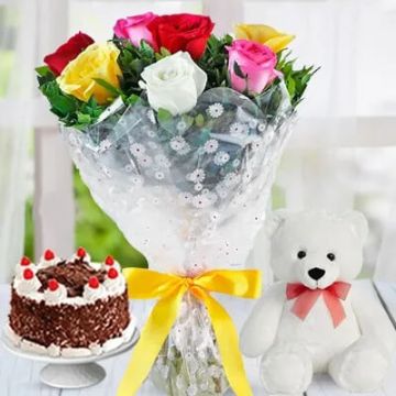 Half Kg Tempting Black Forest Cake with 6 Mix Roses Bunch and 6 Inch Teddy Bear