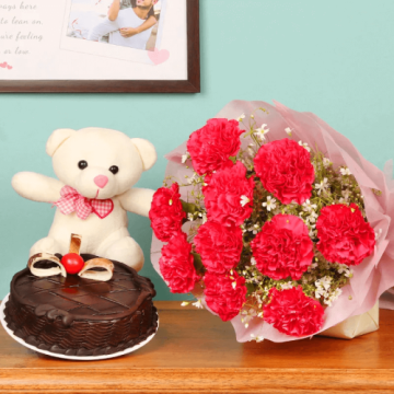 Eggless Half Kg Tempting Chocolate Cake with 6 Red Carnations Bunch and 6 Inch Teddy Bear