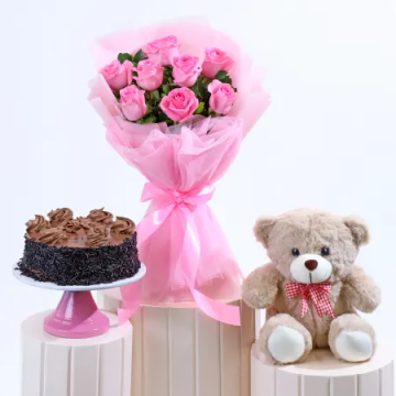 Half Kg Truffle Cake with 8 Pink Roses and a Teddy