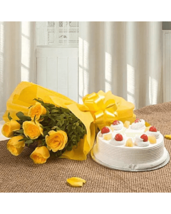 Eggless Combo of 6 Yellow Roses Bouquet and Half Kg Pineapple Cake