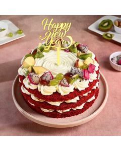 New Year Red Velvet Cake Topped with Fruits