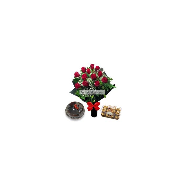 12 Red Roses Bunch And Half Kg Chocolate Cake, 16 Ferrero Rocher Chocolates