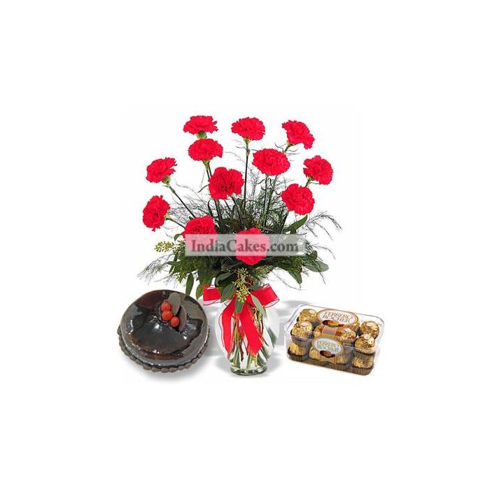 10 Red Carnations Bunch And Half Kg Black Forest Cake With16 Ferrero Rochers Chocolates