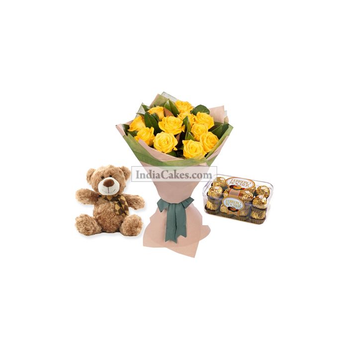 12 Yellow Rose Bunch And 16 Pcs Ferrero Rocher Chocolates With 6 Inch Teddy