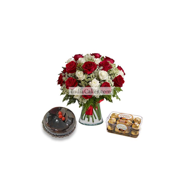 20 Red And White Roses Bunch And Half Kg Chocolate Cake With 16 Ferrero Rochers Chocolates 