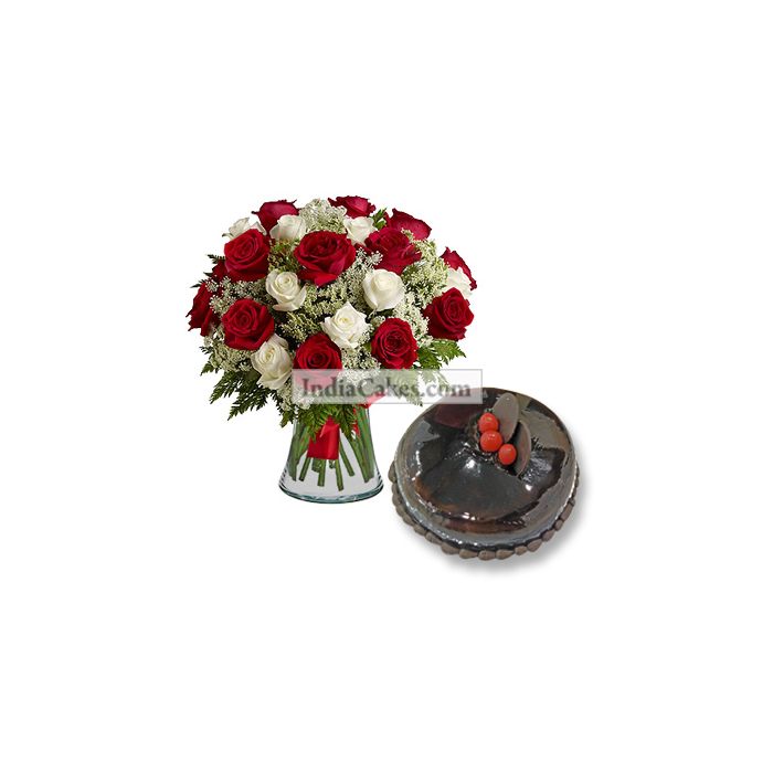 20 Red And White Roses Bunch And Half Kg Chocolate Cake