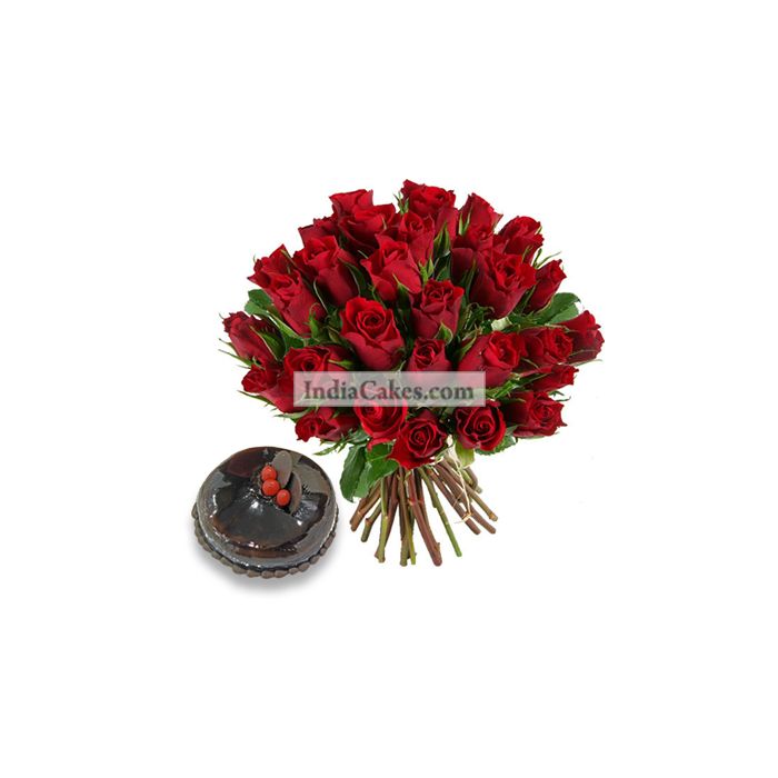 35 Red Roses Bunch And 1 Kg Chocolate Cake