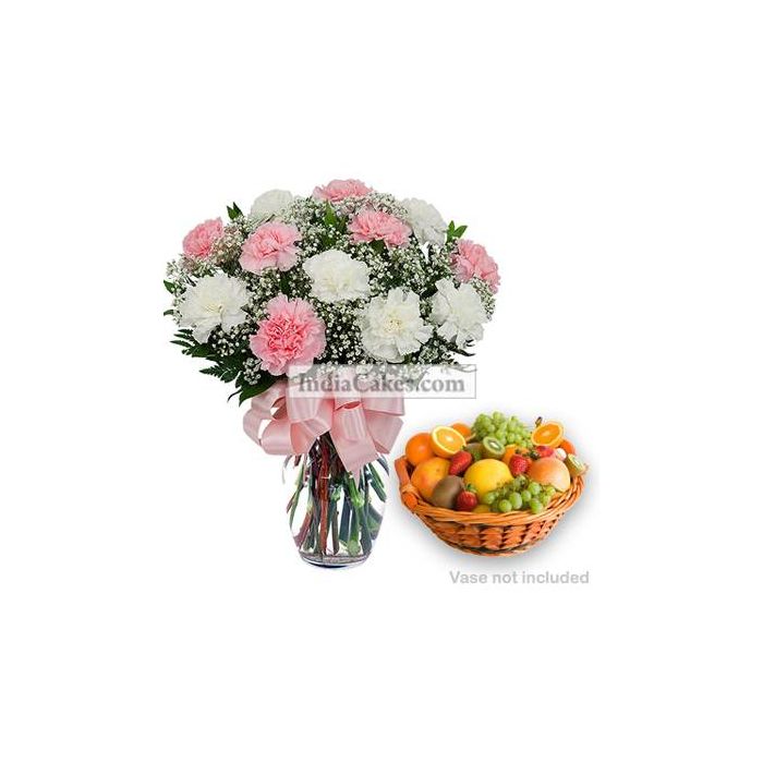 10 Pink And White Carnations Bunch And 2 Kg Seasonal Fruits Basket