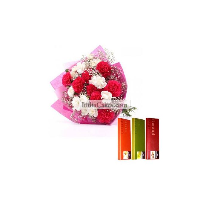 10 Pink and White Carnations Bunch And 3 Cadbury Temptation Chocolates