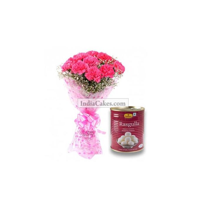 10 Pink Carnations Bunch And 1 Kg Rasgullas