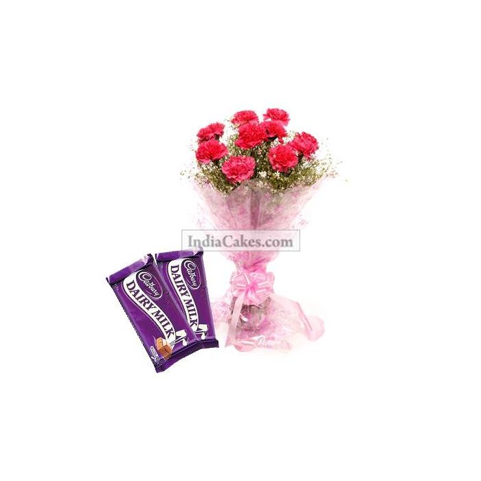 10 Pink Carnations Bunch And 2 Cadbury Dairy Milk Silk Chocolate