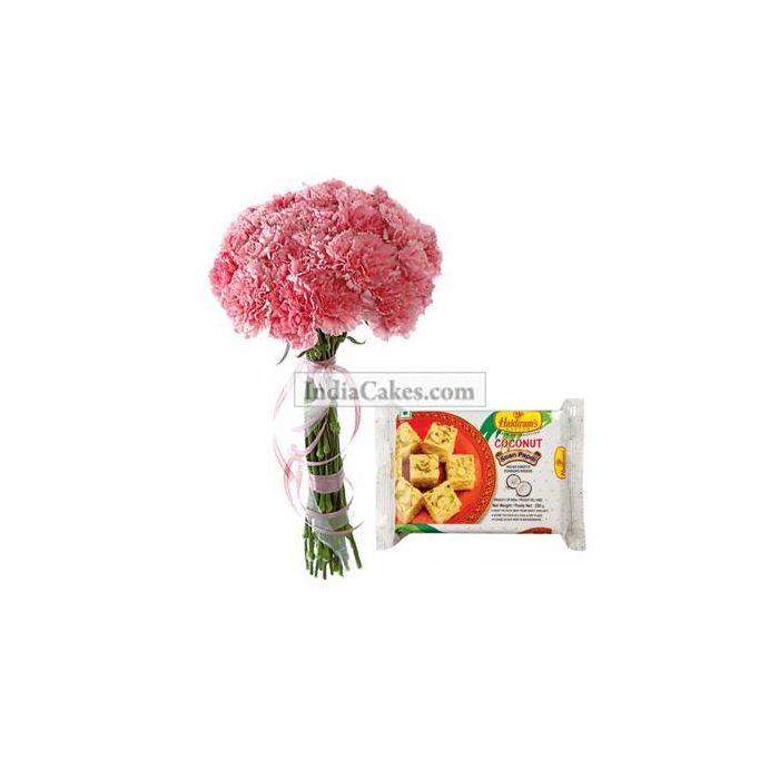 10 Pink Carnations Bunch And Half Kg Sohan Papdi