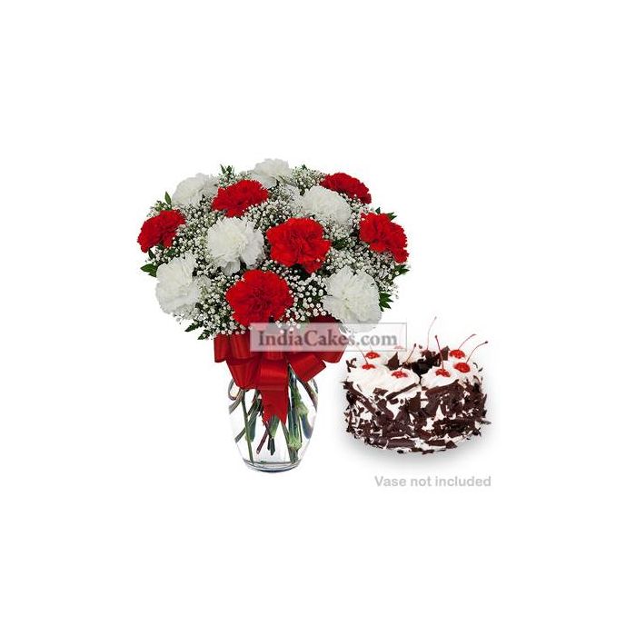 10 Red And White Carnations Bunch And Half Kg Black Forest Cake