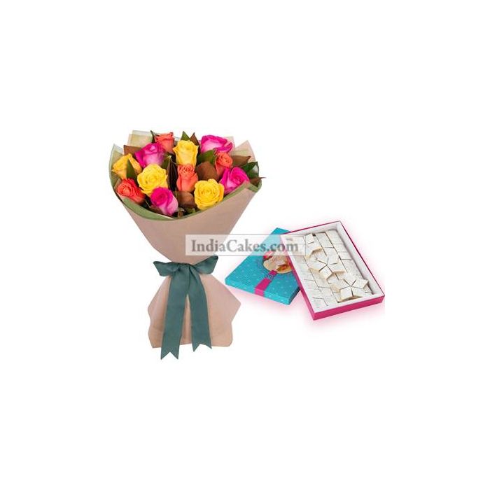 12 Mix Coloured Roses And Pack Of Half Kg Kaju Katli Sweets