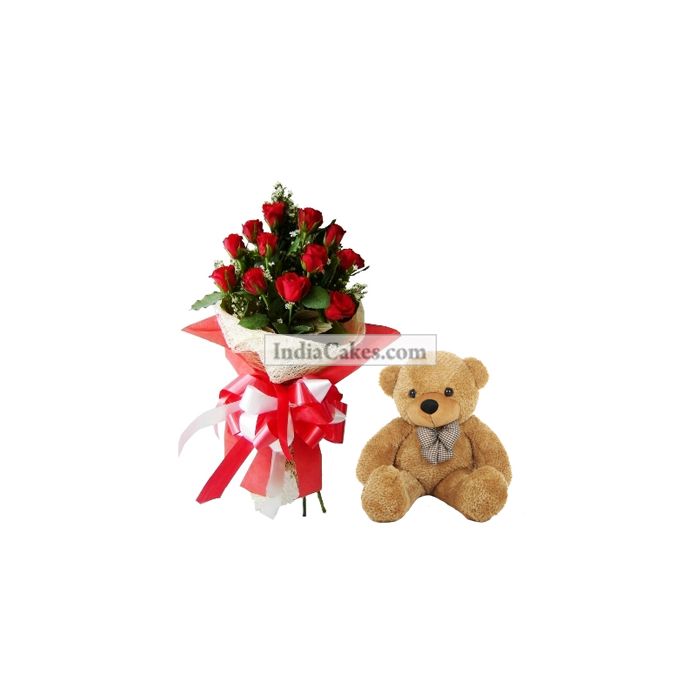 12 Red Roses Bunch And 12 Inch Big Teddy