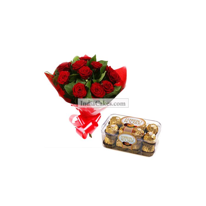 12 Red Roses Bunch And 16 Ferrero Rochers Chocolates