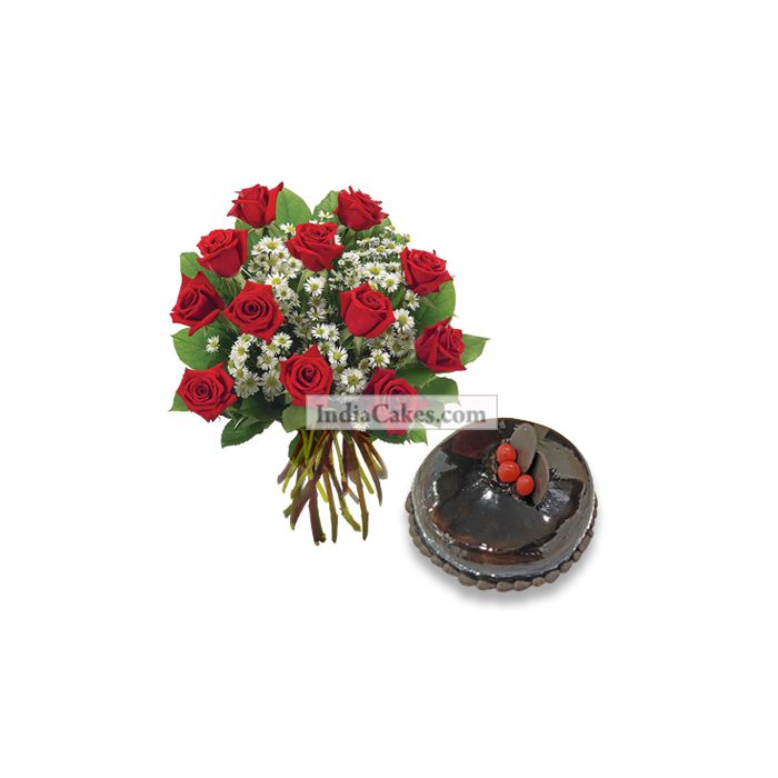 12 Red Roses Bunch And Half Kg Chocolate Cake