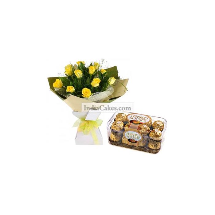 12 Yellow Roses Bunch And 16 Ferrero Rocher Chocolates