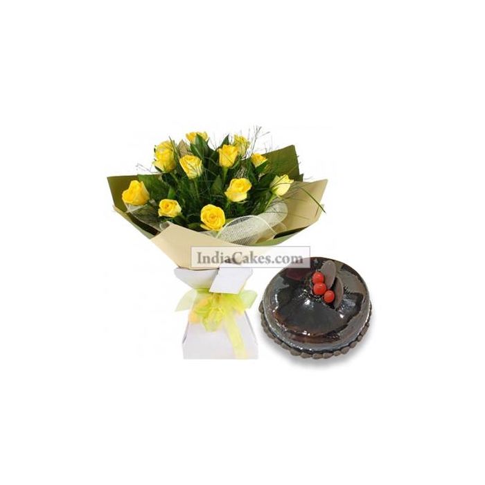 12 Yellow Roses Bunch And Half Kg Chocolate Cake