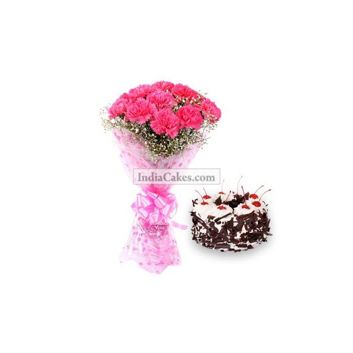 15 Pink Carnation Bunch And Half Kg Black Forest Cake