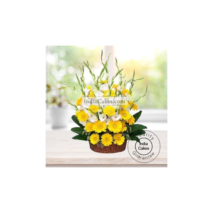 15 YELLOW GERBERAS AND 10 GLADS BASKET ARRENGEMENT