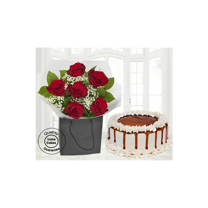 Special Butterscotch Cake Half Kg with 6 Red Roses