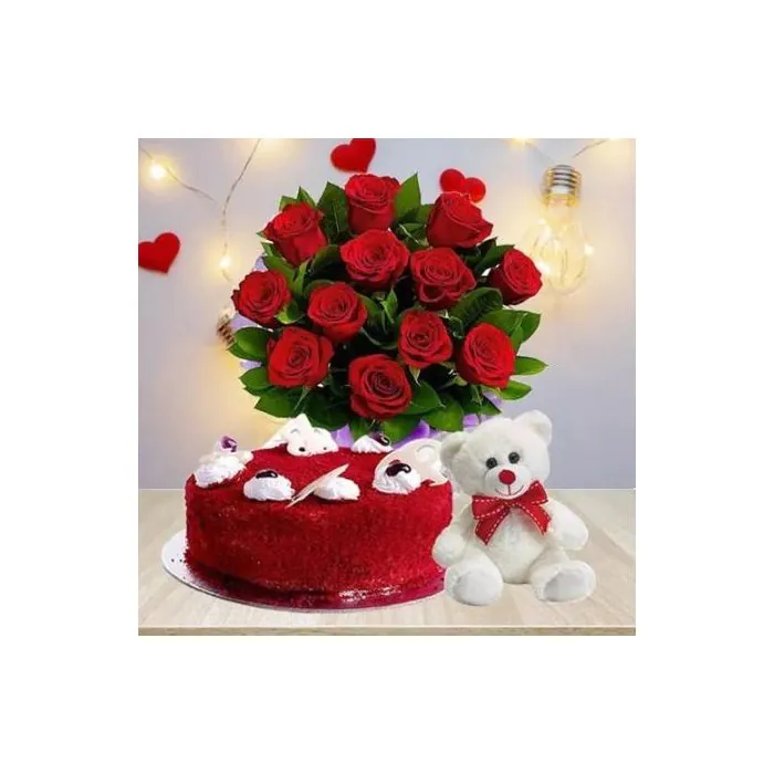 10 Red Roses Bouquet with Half Kg Red Velvet Cake n Teddy 10 Red Roses Bouquet with Half Kg Red Velvet Cake n Teddy