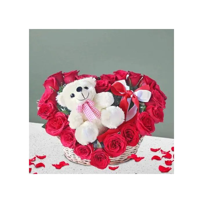 15 Red Roses with a Plush Teddy in Basket