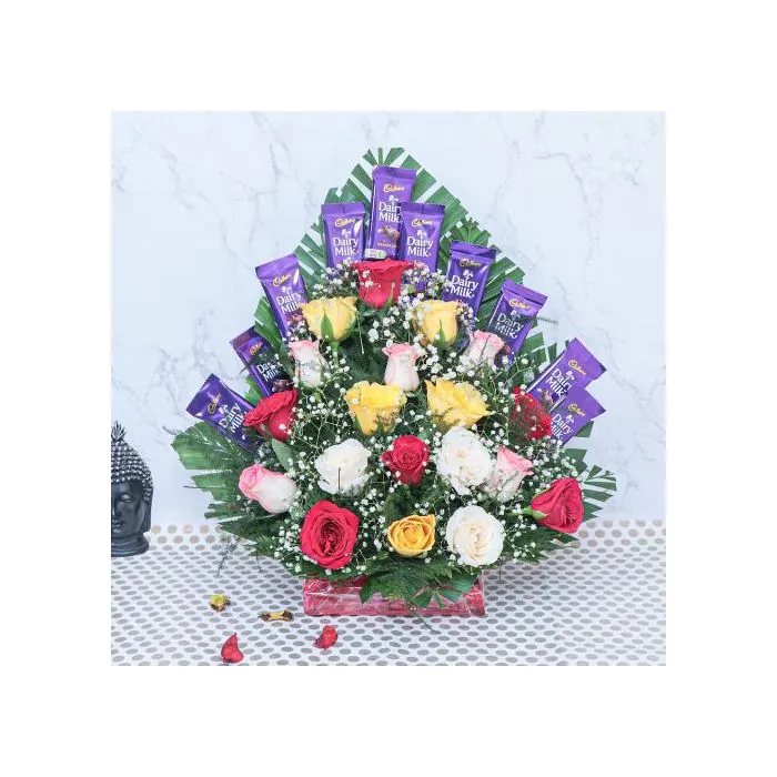 18 Mixed Roses With 10 Dairy Milk Chocolates 18 Mixed Roses With 10 Dairy Milk Chocolates
