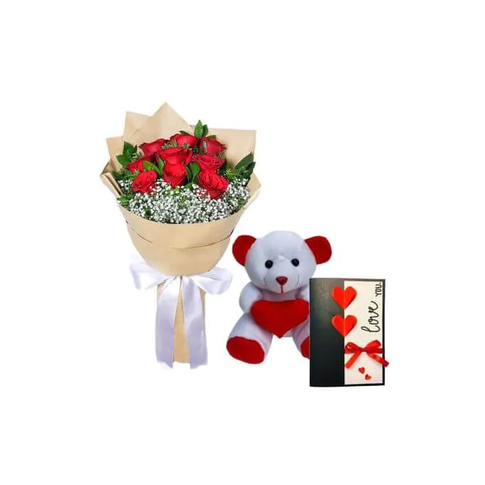 6 Red Roses Bunch , 1 Teddy Bear and Greeting Card