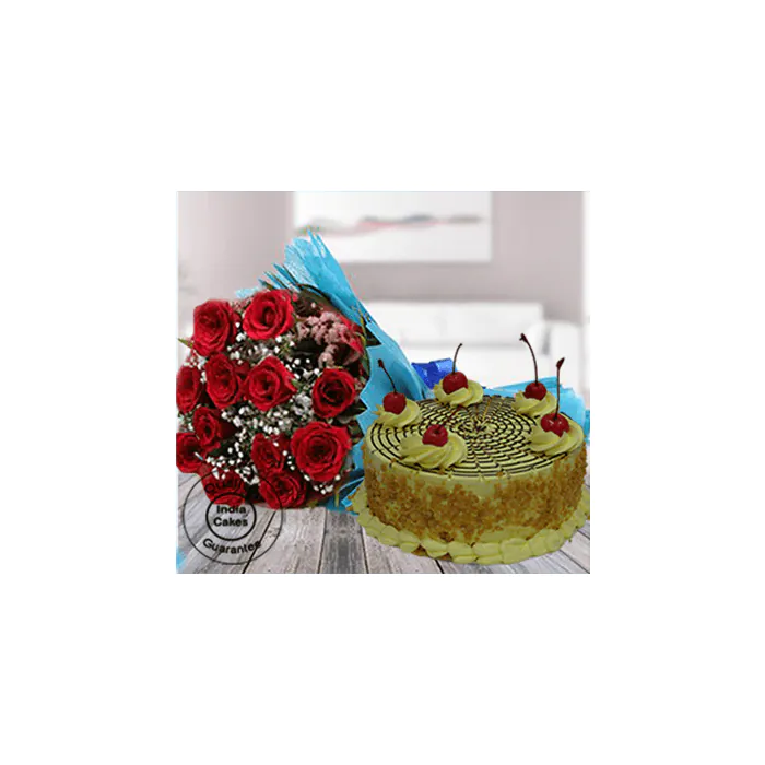 Affable Butterscotch Half Kg Cake with 12 Red Roses