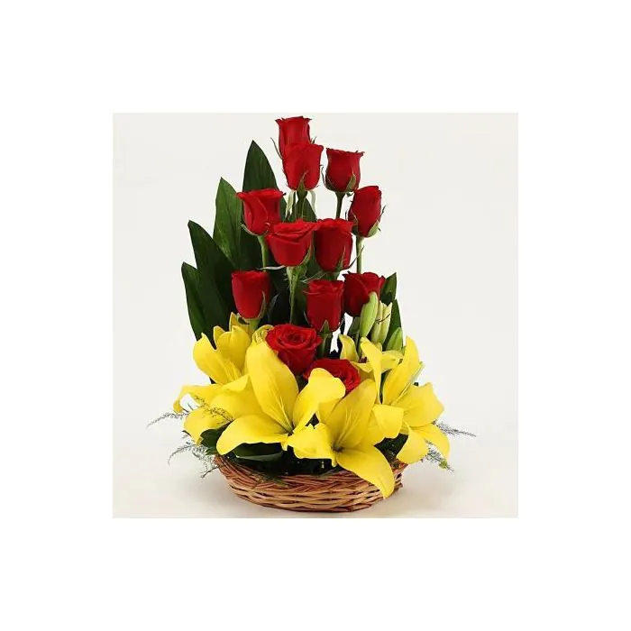 Asiatic Lilies and Red Roses Basket Arrangement Asiatic Lilies and Red Roses Basket Arrangement