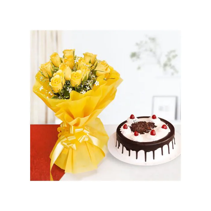 Black Forest Drip Cake Half Kgs with 6 Yellow Roses Bunch Black Forest Drip Cake Half Kgs with 6 Yellow Roses Bunch