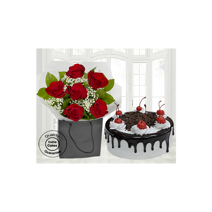Black Forest Gel Cake with Cherry with 6 Red Roses Black Forest Gel Cake with Cherry with 6 Red Roses