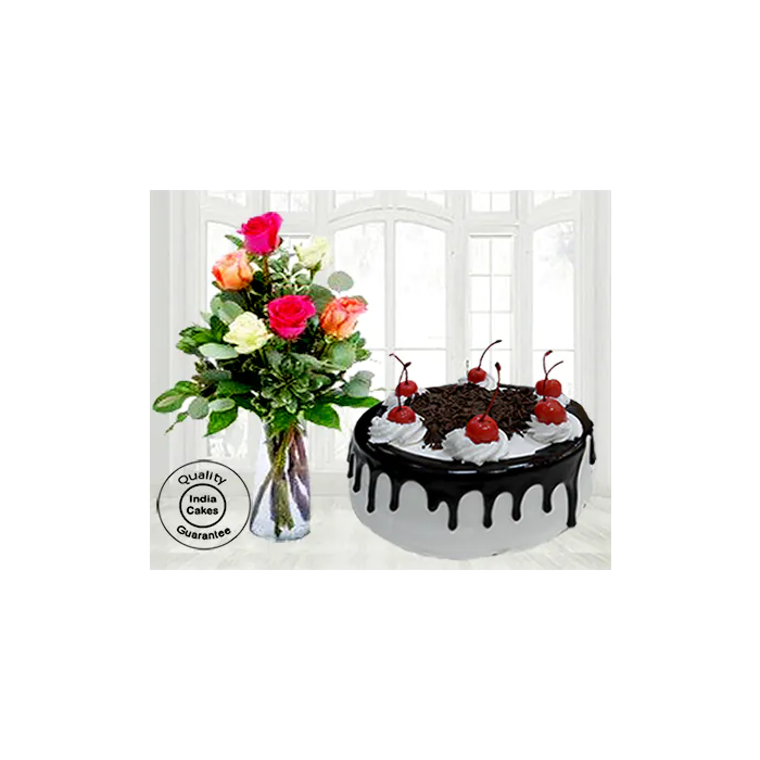 Black Forest Gel Cake with Cherry with 6 Mix Roses Black Forest Gel Cake with Cherry with 6 Mix Roses