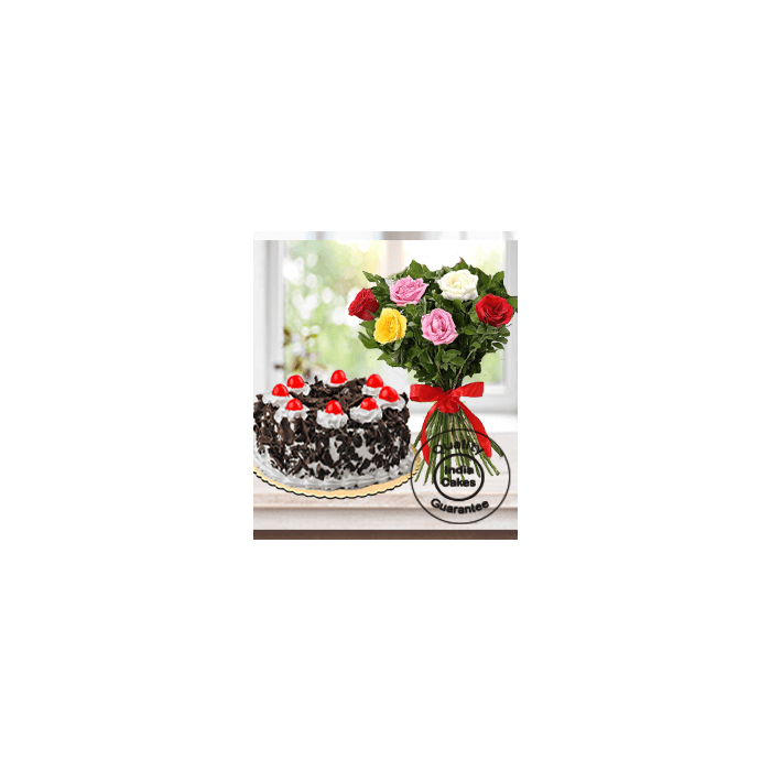 EGGLESS BLACK FOREST CAKE HALF KG WITH 6 MIX ROSES BUNCH EGGLESS BLACK FOREST CAKE HALF KG WITH 6 MIX ROSES BUNCH