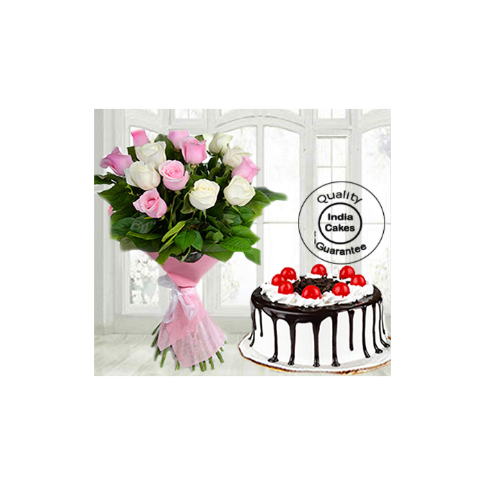 Half Kg Black Forest Gel Cake with 9 Mix Roses Half Kg Black Forest Gel Cake with 9 Mix Roses