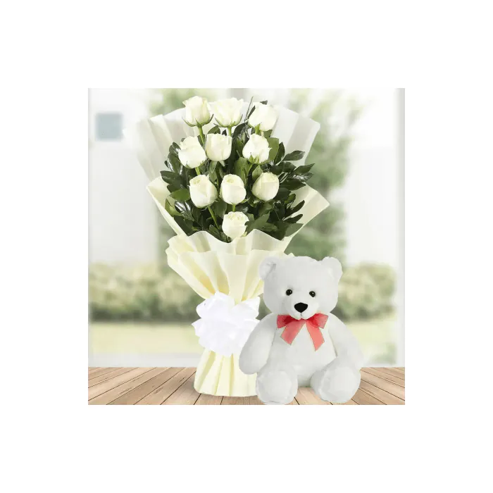 Bouquet Of 10 White Roses with Teddy Bouquet Of 10 White Roses with Teddy
