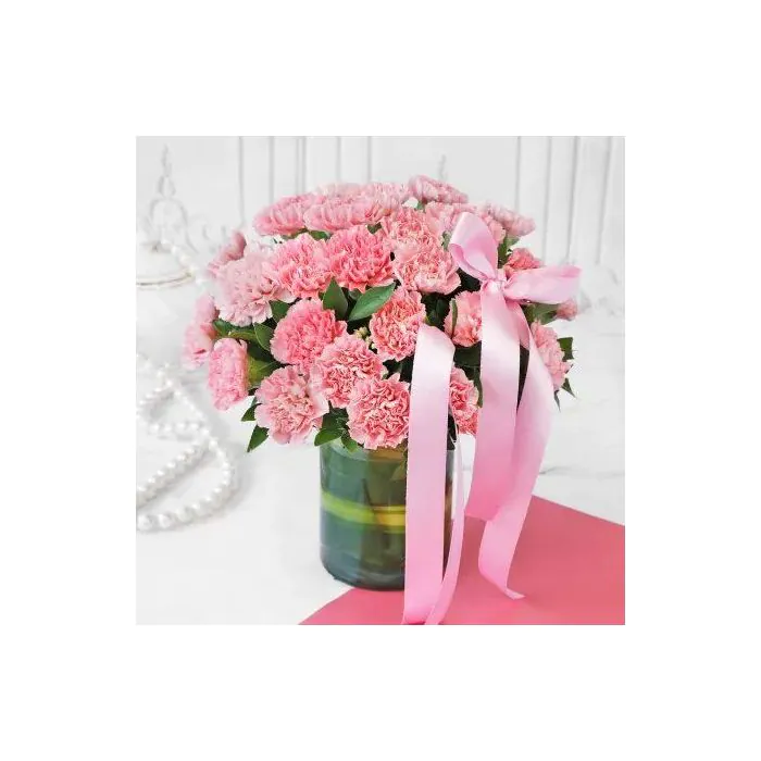Bouquet of 25 Pink Carnations in a Vase