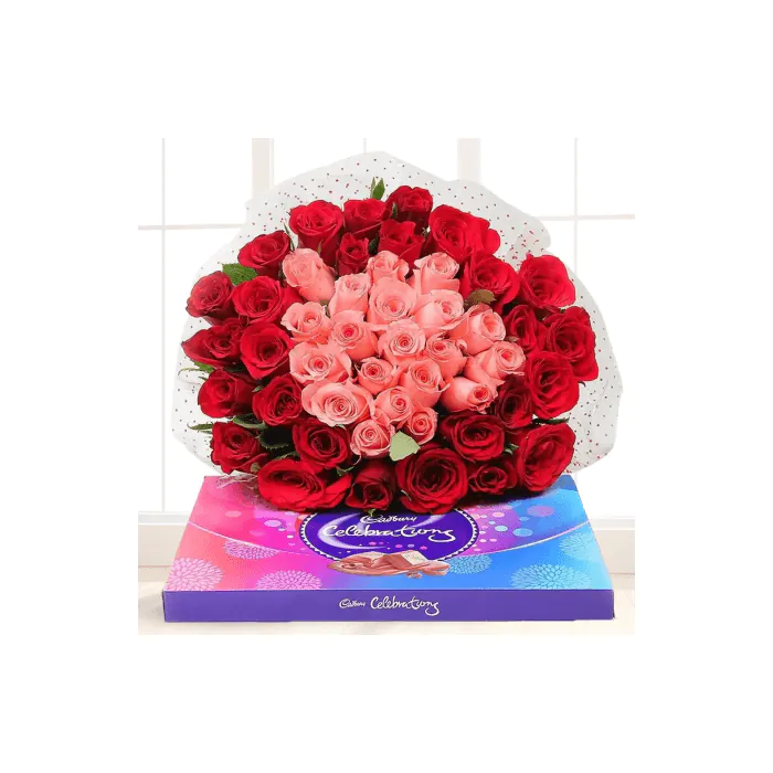 Bouquet of 30 Red and 20 Pink Roses with Cadbury Celebrations Bouquet of 30 Red and 20 Pink Roses with Cadbury Celebrations