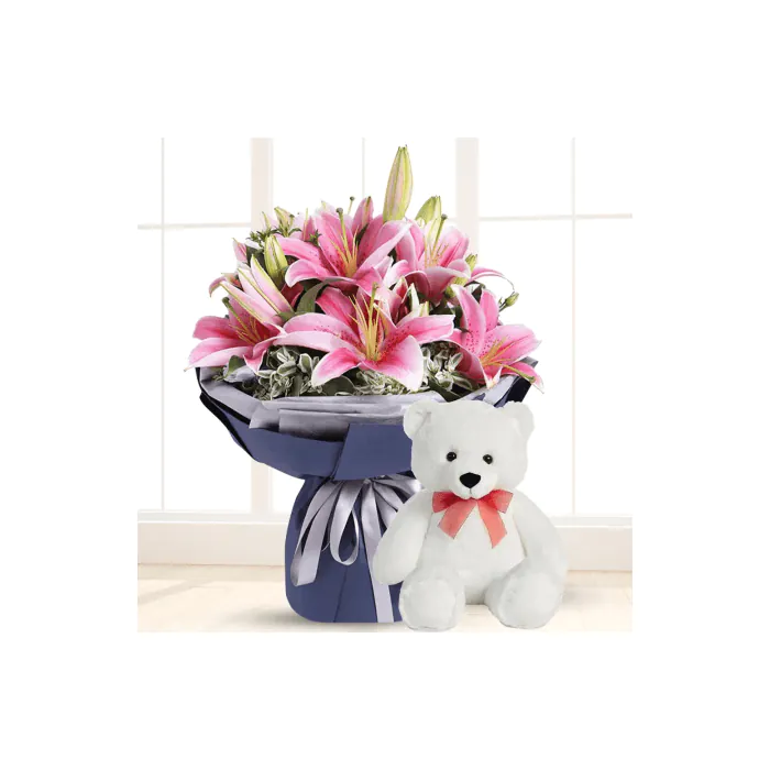 Bouquet Of Pink Lilies with Teddy Bouquet Of Pink Lilies with Teddy