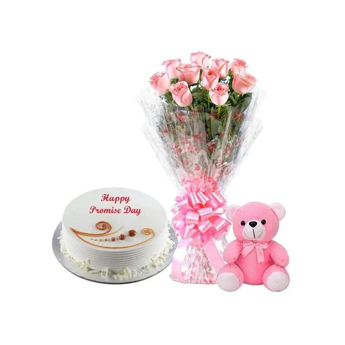 Cherish Vanilla Cake Half Kg with 8 Pink Roses n Teddy Cherish Vanilla Cake Half Kg with 8 Pink Roses n Teddy