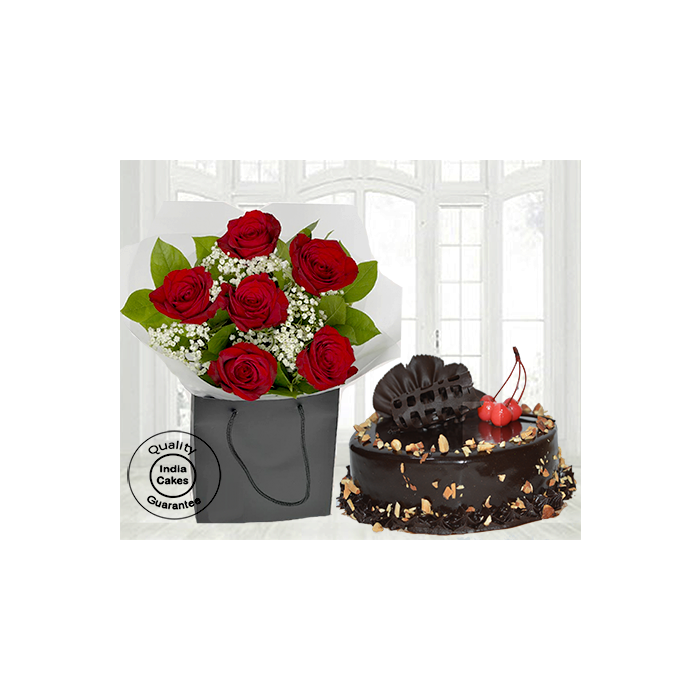Choco Almond Cake Half Kg with 6 Red Roses Choco Almond Cake Half Kg with 6 Red Roses